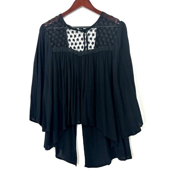 Fashion Fuse Womens Sz L Black Top Sheer Open Back Flare Sleeve Lace Blouse H2 - Picture 2 of 12